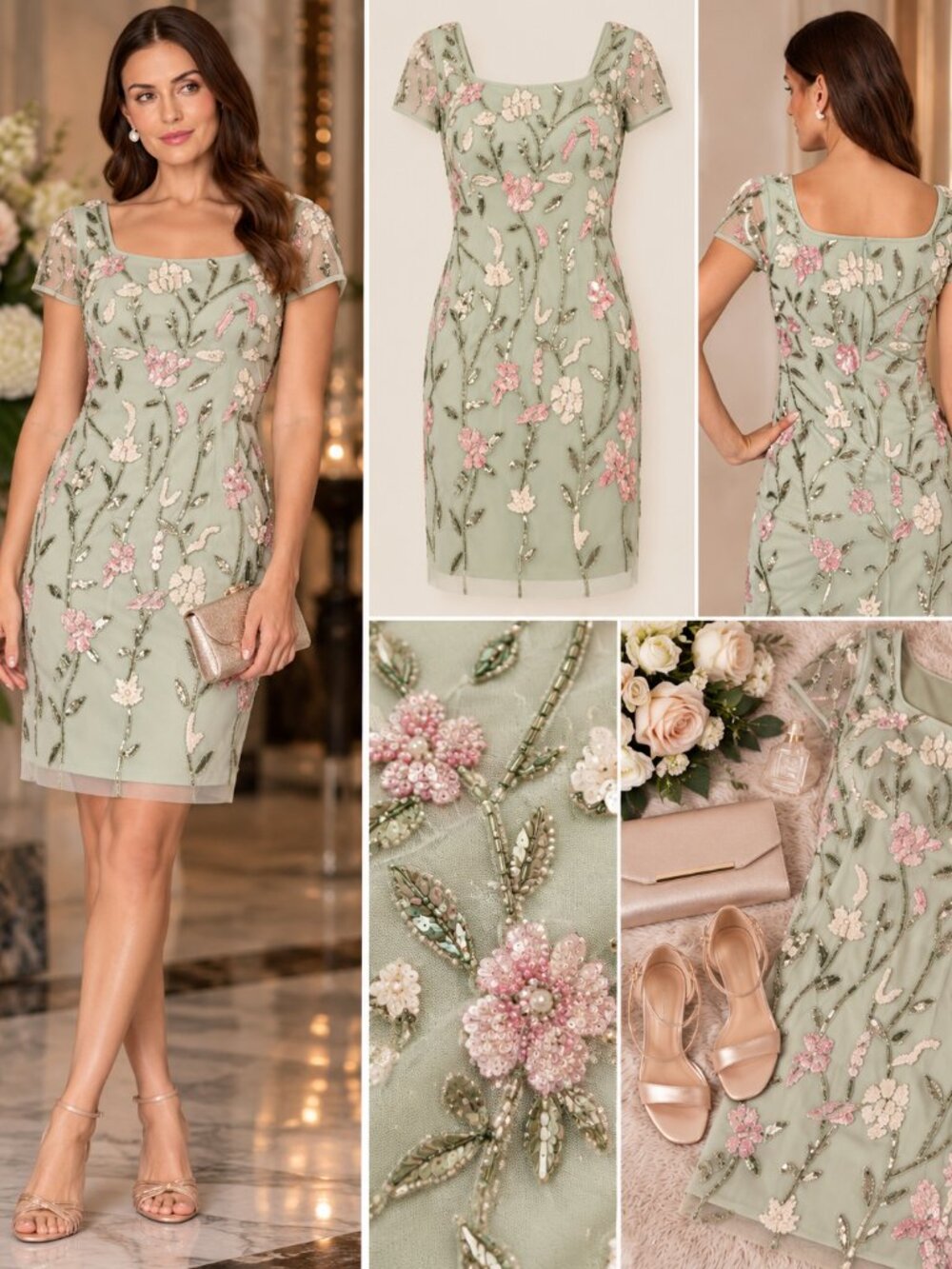 Adrianna Papell Icy Sage Floral Beaded Knee Length Cocktail Dress Size 10 NWT